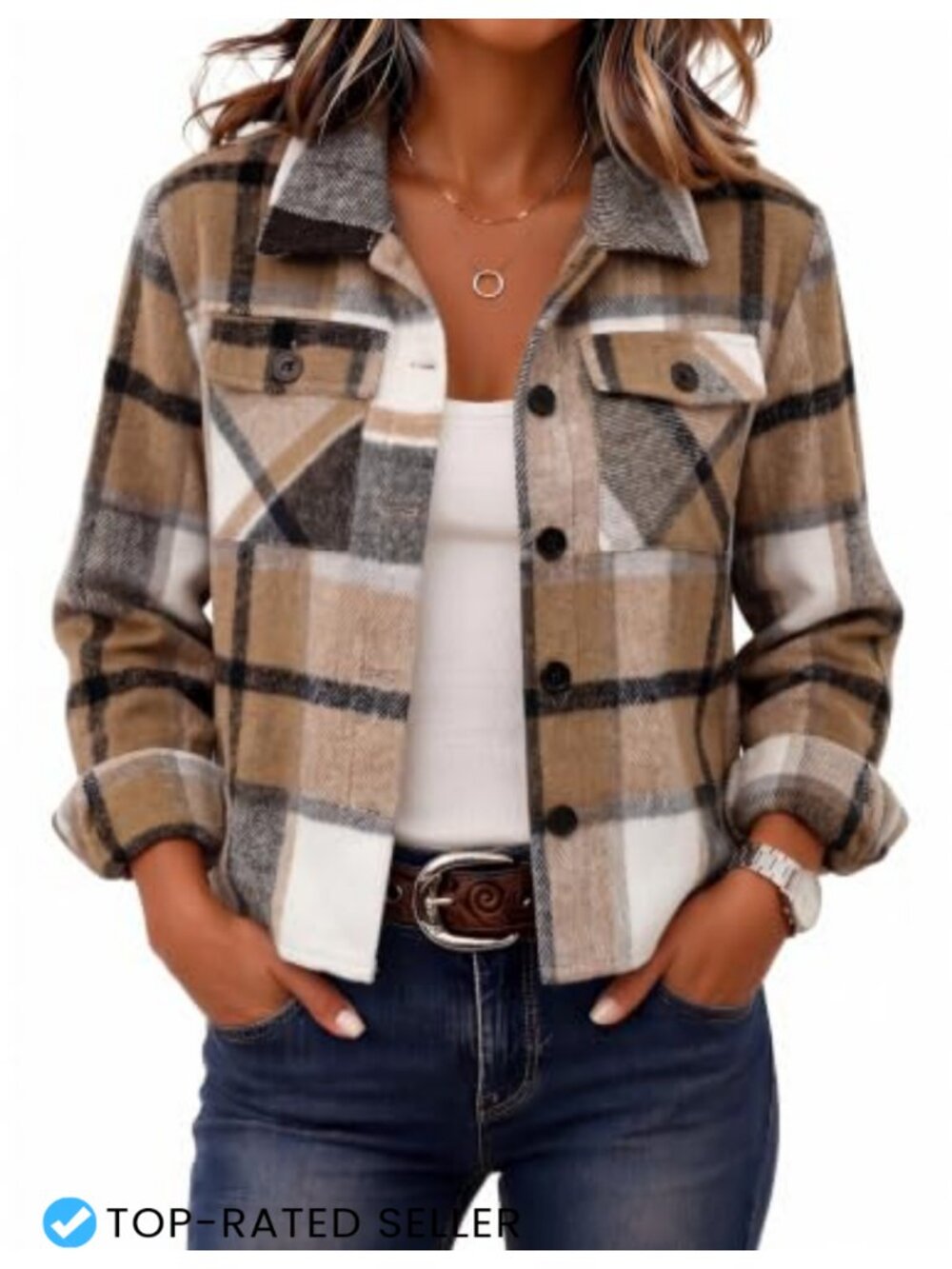 Cropped Plaid Flannel Shacket Jacket Women's Button Up Casual